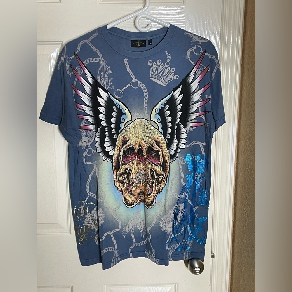 Christian Audigier Shirt Mens Medium Blue Skull Wings Rhinestone All Over Print - Picture 9 of 10